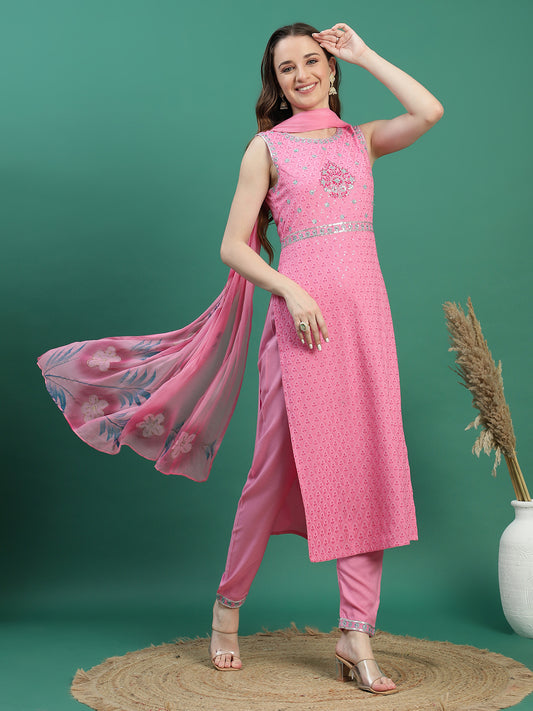 Women Pink Color Embroidery Cutslevee Kurta Pant With Dupatta Set