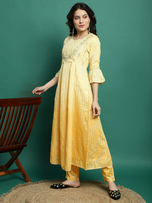 Women Yellow Color Embroidery Anarkali kurta Pant With Dupatta Set