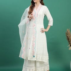 Women Floral Embroidered Sequinned V-Neck A-Line Kurta With Palazzo & Dupatta