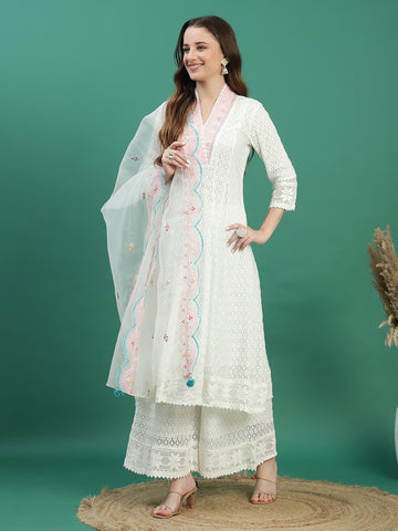 Women White Color Ethnic Motifs Embroidered Regular Sequinned Kurta with Sharara & With Dupatta