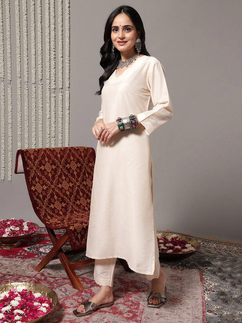 Women Off White V-Neck Straight Kurta With Trousers & Dupatta