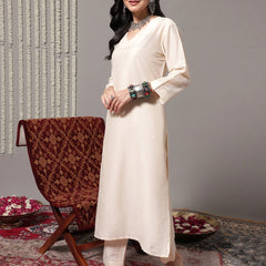 Women Off White V-Neck Straight Kurta With Trousers & Dupatta