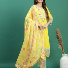 Women Yellow Cotton Embroidered Straight Kurta Set