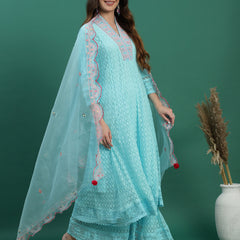 Women Turquoise Blue Embroidered Anarkali Kurta Set