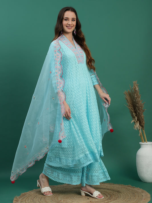 Women Turquoise Color Embroidery Anarkali Kurta Sharara With Dupatta Set