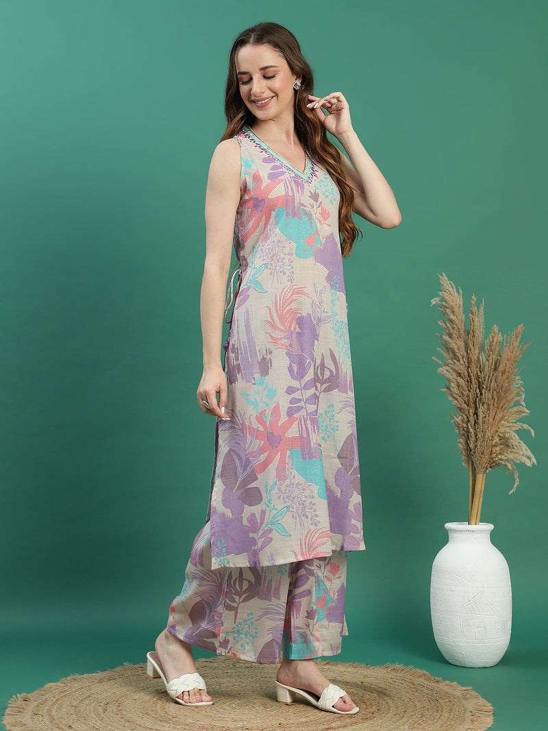 Women Beige Floral Printed Mirror Work V-Neck Straight Kurta With Trousers