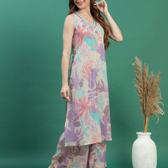 Women Beige Floral Printed Mirror Work V-Neck Straight Kurta With Trousers