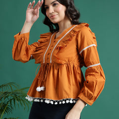 Women Mustard Color V-Neck Gathered Cotton Peplum Tops