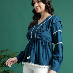 Women Blue V-Neck Gathered Cotton Peplum Tops