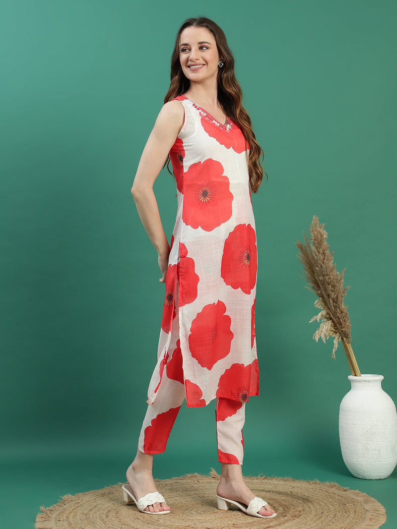 Women White Embroidered Sleeveless A-Line Kurta Set