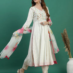 Women White Embroidered Angrakha Kurta Set