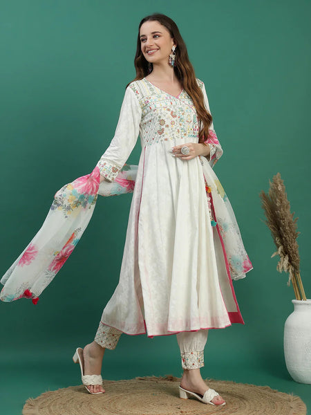 Women White Embroidered Angrakha Kurta Set
