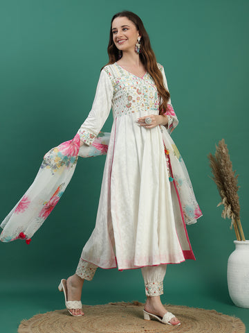 Women White Color Embroidery Angrekha Kurta Pant With Dupatta Set