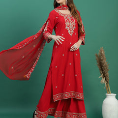Women Red Embroidered Straight Kurta Set