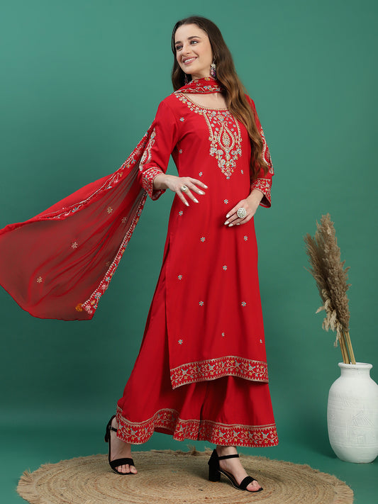 Women Red Color Embroidery Kurta Sharara With Dupatta Set