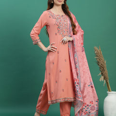 Women Peach Color Embroidered Straight Kurta Set