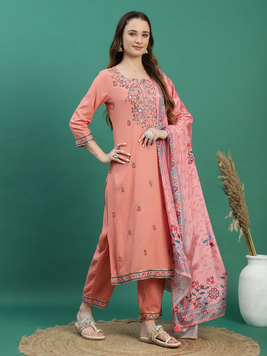 Women Peach Color Ethnic Motifs Embroidered Regular Sequinned Kurta with Trousers & With Dupatta