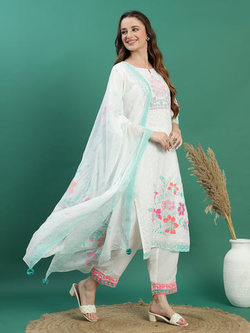 Women White Color Printed Kurta Pant With Dupatta Set