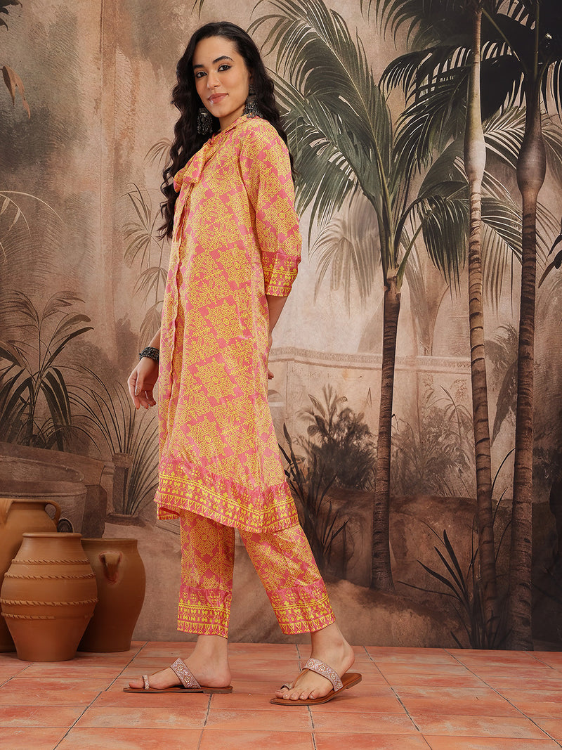 Women Yellow Floral Printed Chinnon Kurta with Palazzos