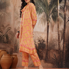 Women Yellow Floral Printed Chinnon Kurta with Palazzos