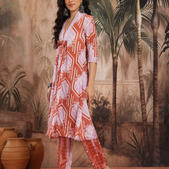 Women Mauve Abstract Printed Chinnon Kurta with Palazzos