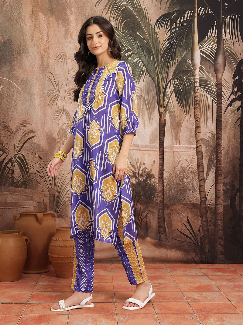 Women Blue Printed Kurta Palazzo Set