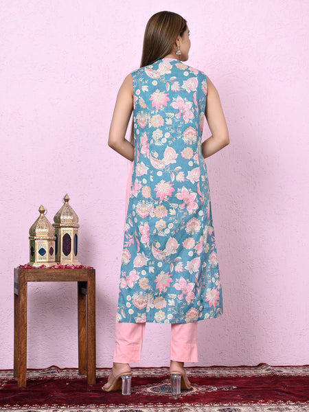 Women Blue Floral Printed Mandarin Collar Cotton Straight Kurta