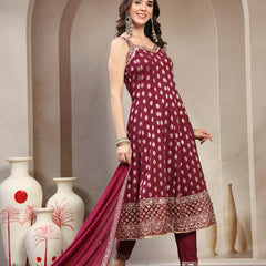 Women Burgundy  Woven Design & Embroidered Pure Cotton V-Neck Kurta & Trousers With Dupatta