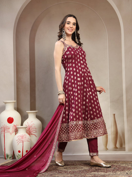 Women Burgundy Woven Design & Embroidered Pure Cotton V-Neck Kurta & Trousers With Dupatta