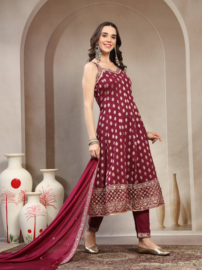 Women Burgundy  Woven Design & Embroidered Pure Cotton V-Neck Kurta & Trousers With Dupatta