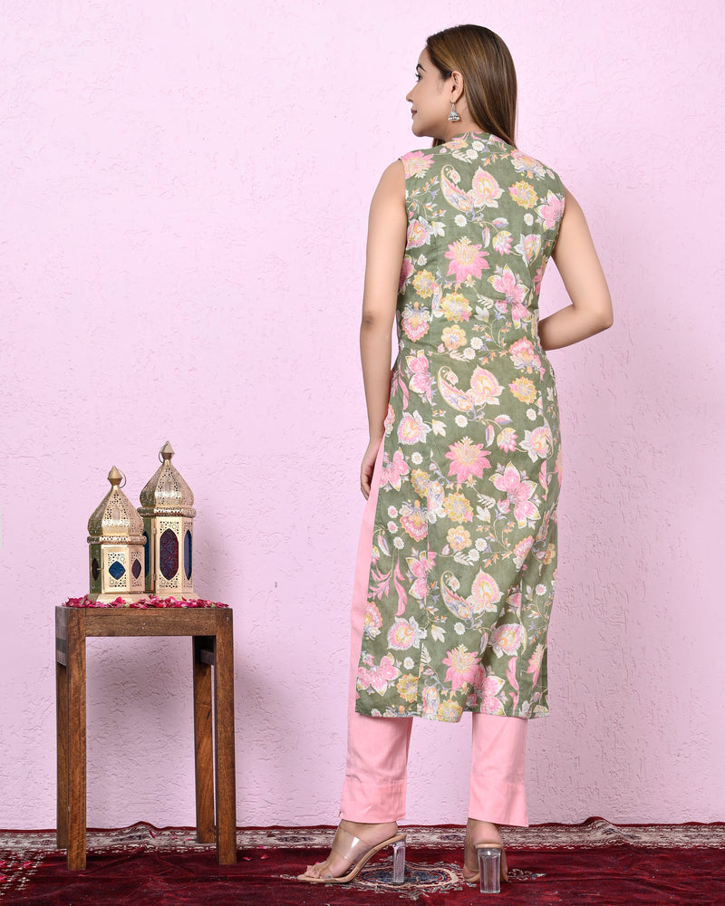 Women Green Keyhole Neck straight Kurta