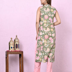 Women Green Keyhole Neck straight Kurta