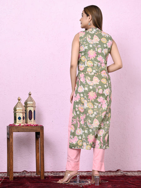 Women Green Keyhole Neck straight Kurta