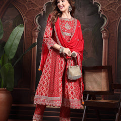 Women Red Viscose Rayon Kurta Sets