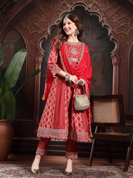 Women Red Viscose Rayon Kurta Sets