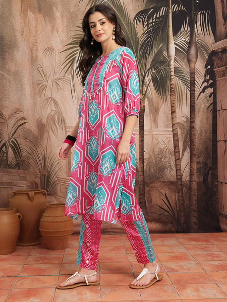 Women Pink Printed Kurta Palazzo Set