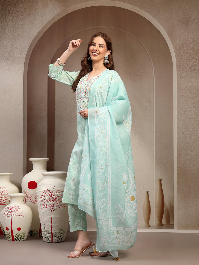 Women Green Pure Cotton Kurta Sets