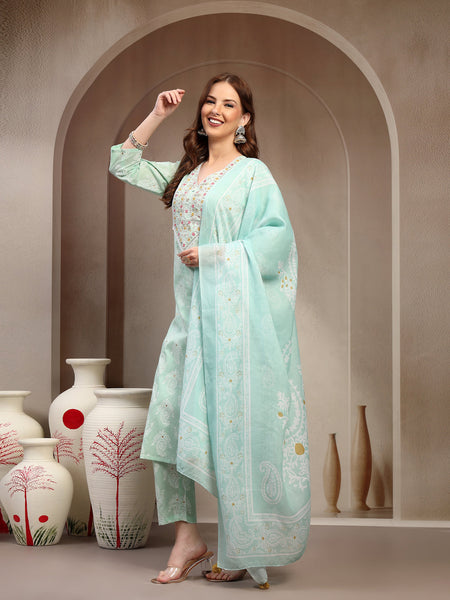 Women Green Pure Cotton Kurta Sets