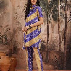 Women Blue Printed Chinnon Kurta with Palazzos