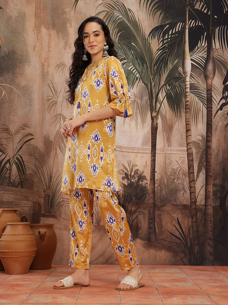 Women Yellow Printed Chinnon Kurta with Palazzos