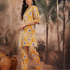 Women Yellow Printed Chinnon Kurta with Palazzos