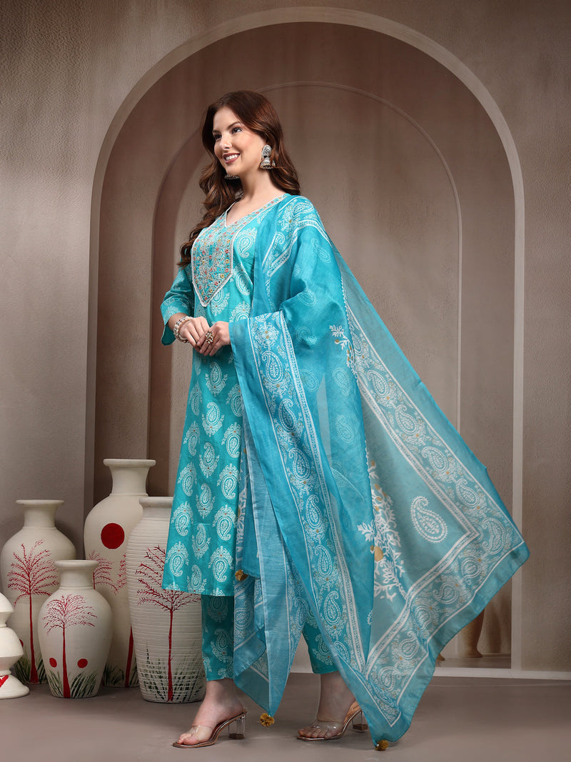 Women Turquoise Blue Pure Cotton Kurta Set