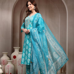 Women Turquoise Blue Pure Cotton Kurta Set