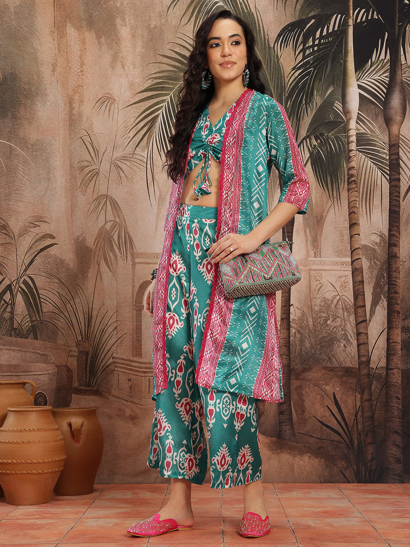 Women Green Printed Top Palazzo Set