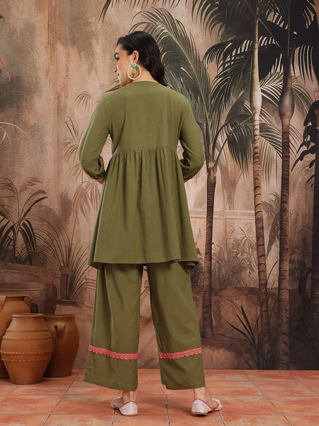 Emerald Grace Embroidered Cotton Tunic Palazzo Set