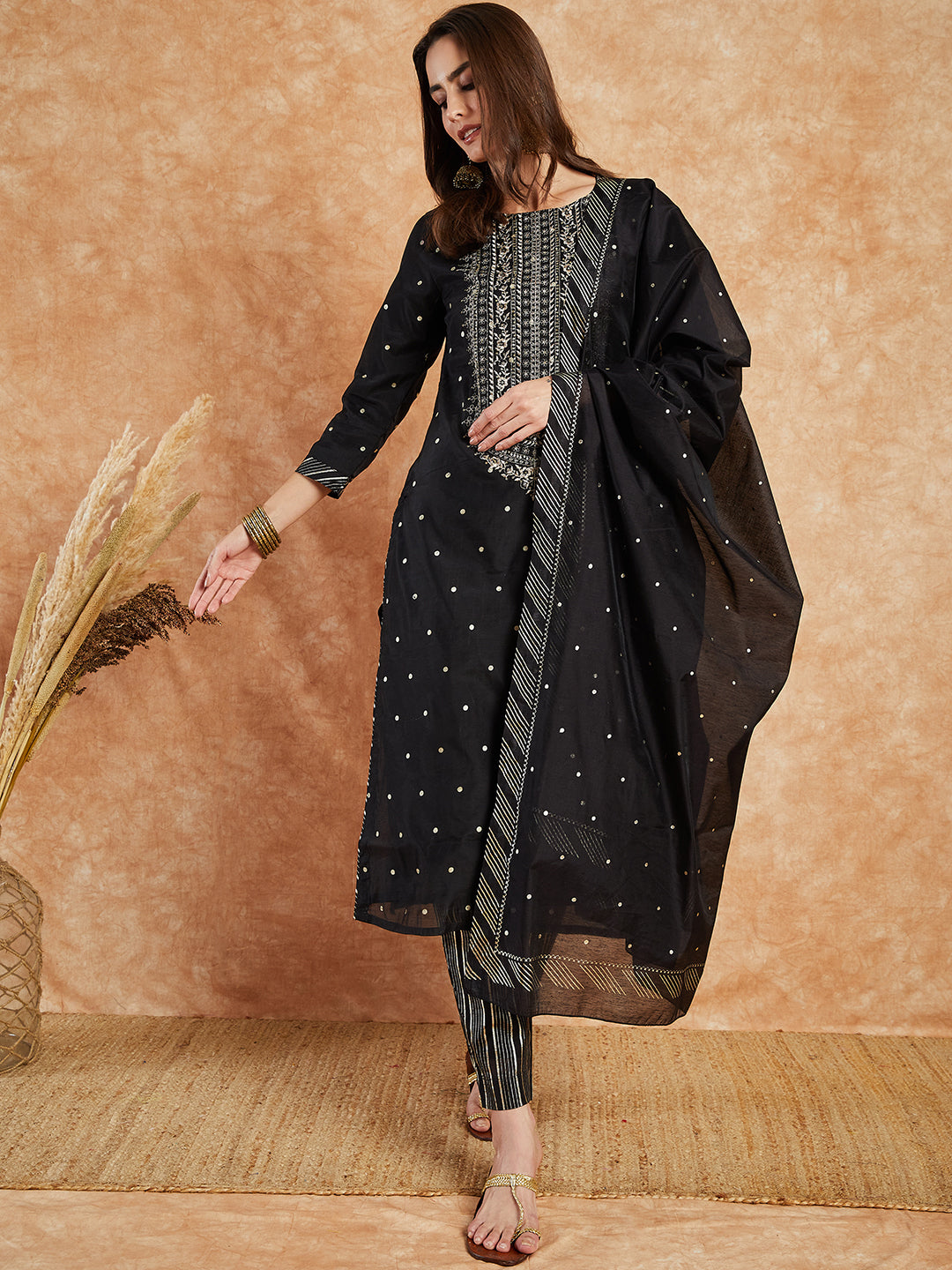 Women Black Color Embroidery Kurta and Trousers With Dupatta