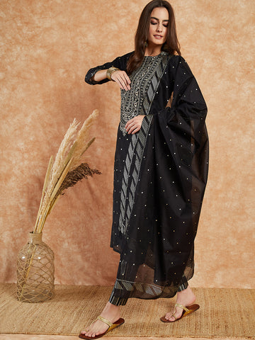Women Black Color Embroidery Kurta and Trousers With Dupatta