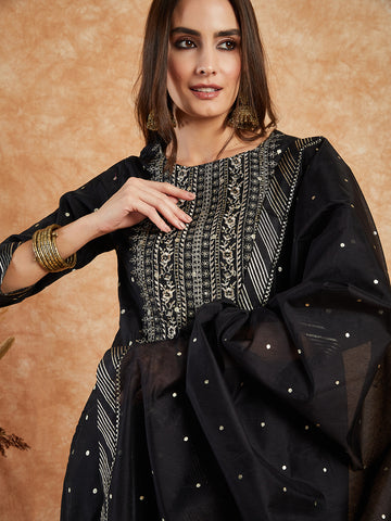 Women Black Color Embroidery Kurta and Trousers With Dupatta