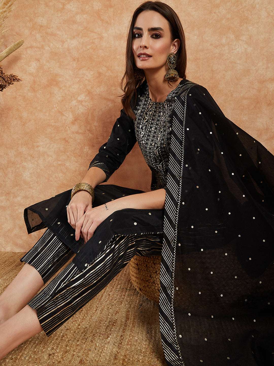 Women Black Color Embroidery Kurta and Trousers With Dupatta