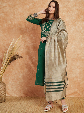 Women Green Color Embroidery Kurta and Trousers With Dupatta